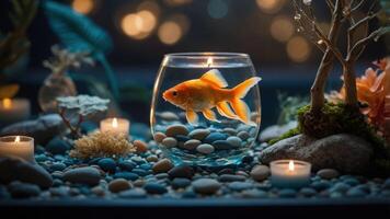 A goldfish swims in a decorative bowl surrounded by pebbles and candles, creating a serene atmosphere. photo