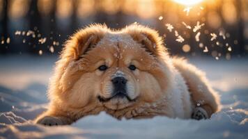 A fluffy dog resting in the snow, surrounded by falling snowflakes during sunset. photo