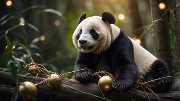 A panda sits among bamboo, playfully interacting with golden ornaments in a serene setting. photo