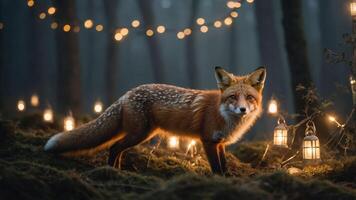 A fox stands in a misty forest illuminated by lanterns and fairy lights. photo