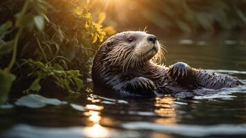 A serene otter floats in a tranquil water setting, illuminated by soft sunlight. photo