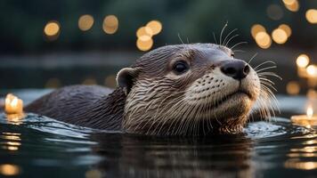 A playful otter swimming in water with soft glowing lights in the background. photo