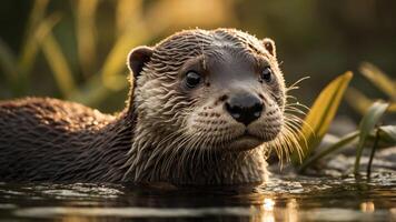 A close-up of an otter in water, surrounded by plants, capturing its curious expression. photo