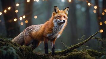 A fox stands gracefully in a forest, illuminated by soft, glowing lights. photo