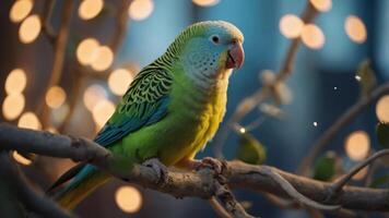 A vibrant parakeet perched on a branch with soft glowing lights in the background. photo