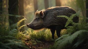 A wild boar stands amidst lush ferns in a serene forest setting. photo