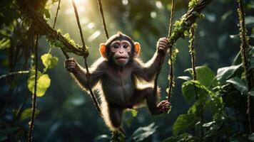 A playful monkey swings on vines in a lush jungle, capturing the essence of wildlife. photo