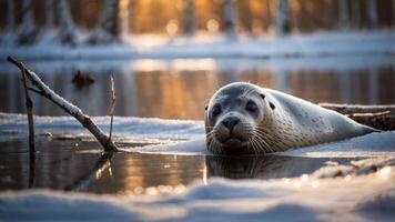 A seal resting in a serene, snowy landscape near water, illuminated by soft sunlight. photo