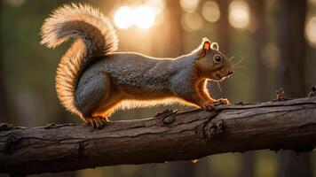 A squirrel climbing a log with sunlight filtering through the trees in the background. photo
