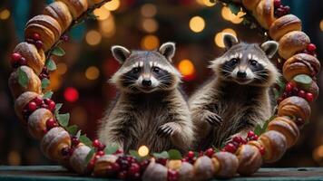 Two raccoons framed by a festive wreath adorned with pastries and berries. photo