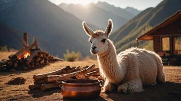 A serene llama rests near a cabin with mountains in the background during sunset. photo