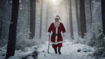 A figure in a red suit walks through a snowy forest, evoking a festive, winter atmosphere. photo