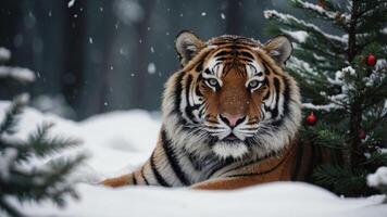 A majestic tiger resting in a snowy forest, surrounded by evergreen trees. photo