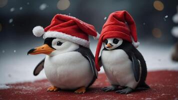 Two penguins wearing red Christmas hats, standing on a festive red surface with snow. photo