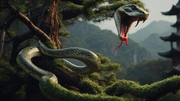A snake poised on a tree branch, showcasing its open mouth and vibrant surroundings. photo