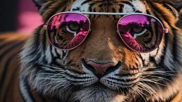A close-up of a tiger wearing pink sunglasses, showcasing a playful and humorous vibe. photo
