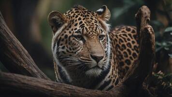 A close-up of a leopard resting on a branch, showcasing its striking fur patterns. photo