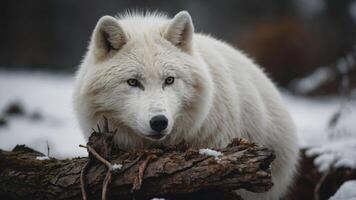 A close-up of a white wolf in a snowy environment, showcasing its striking features. photo