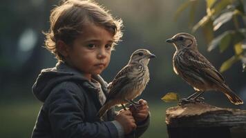 A child interacts gently with two birds in a serene outdoor setting. photo
