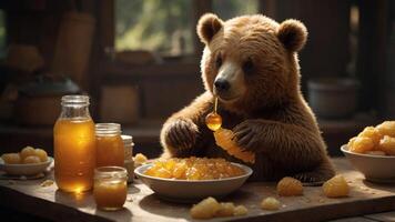 A bear enjoying honey in a cozy setting, surrounded by jars and honeycomb. photo