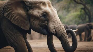 A close-up of an elephant with its trunk curled, showcasing wildlife in a natural setting. photo