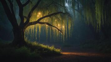 A serene forest scene with a glowing willow tree, creating a magical atmosphere. photo