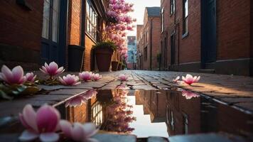 A serene alley adorned with pink flowers and a reflective puddle. photo