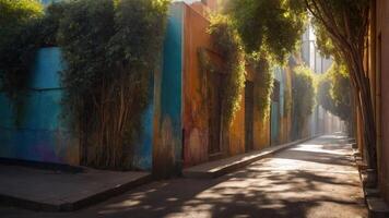 A vibrant alleyway adorned with colorful murals and lush greenery, bathed in soft sunlight. photo