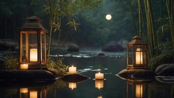 Tranquil scene with lanterns and candles by a serene water body under a full moon. photo