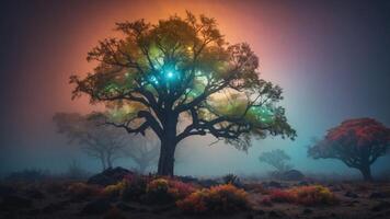 A mystical landscape featuring illuminated trees in a foggy environment. photo