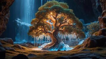 A serene illuminated tree surrounded by crystals and ice in a mystical cave setting. photo