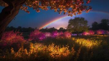 A vibrant landscape at dusk featuring colorful plants and a rainbow. photo