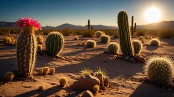 A desert landscape featuring various cacti with a sunset in the background. photo