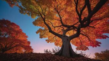 A majestic tree with vibrant autumn leaves against a colorful sky at dusk. photo
