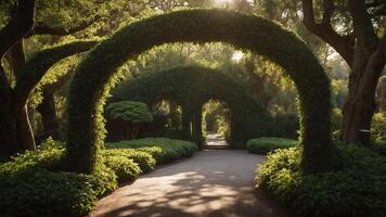 Lush garden pathway with arched greenery and sunlight filtering through trees. photo