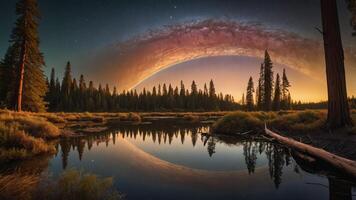 Serene landscape at dusk with a starry sky and reflection on calm water. photo
