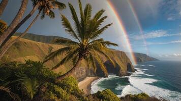 A scenic coastal view featuring cliffs, palm trees, and a double rainbow over the ocean. photo