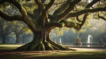A majestic tree with sprawling branches and fountains in a serene park setting. photo
