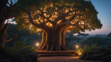A majestic tree illuminated with lights, surrounded by a serene landscape at dusk. photo