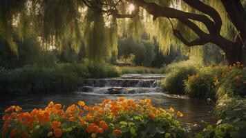 Tranquil landscape with a stream, flowers, and willow trees illuminated by soft sunlight. photo