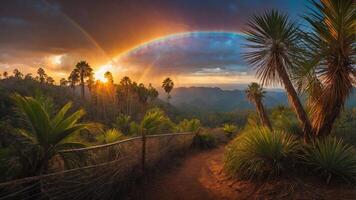 A vibrant sunset with a rainbow over lush tropical vegetation and a winding path. photo
