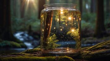 A glass jar filled with ferns and glowing lights, set in a serene forest environment. photo