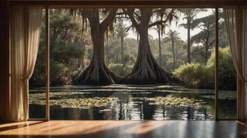 A serene view of a tranquil water scene framed by large trees and lush vegetation. photo