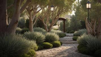 A serene garden pathway lined with trees and soft lighting, inviting relaxation and exploration. photo