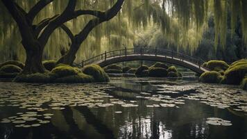 A serene landscape featuring a bridge over a tranquil pond with lush greenery and lilies. photo