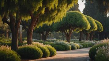 Serene park pathway lined with lush trees and flowering shrubs, inviting relaxation and nature appreciation. photo