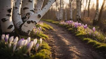 A serene path lined with blooming crocuses and birch trees in soft evening light. photo