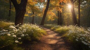 A serene forest path lined with flowers, illuminated by soft sunlight through trees. photo
