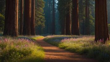 A serene forest path lined with vibrant wildflowers and towering trees in soft morning light. photo