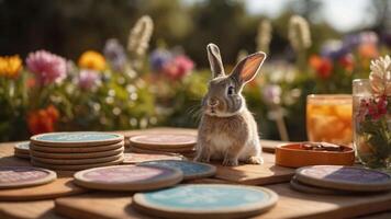 A cute rabbit sits among colorful coasters and flowers, creating a cheerful outdoor scene. photo